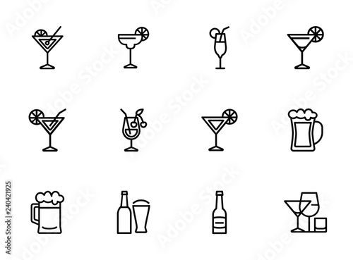 Strong drinks icons. Set of line icons on white background. Beer bottle, martini, margarita cocktail. Alcohol concept. Vector illustration can be used for topic like drinks, bar, menu