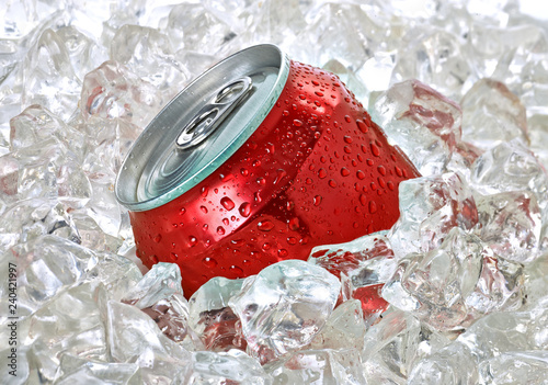 Soda or cola can in crushed ice cubes