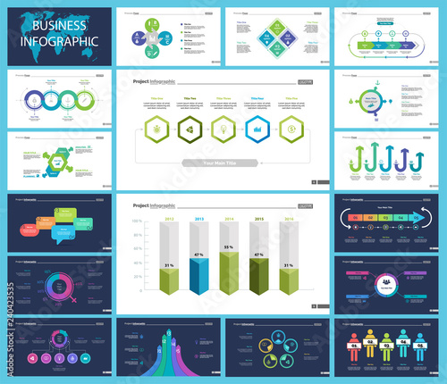 Business infographic creative design set can be used for annual report, web design, workflow layout. Workflow concept. Option, venn, cycle, donut charts, bar graph, flowchart