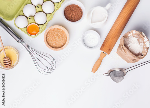 Baking ingredients and items on the white background
