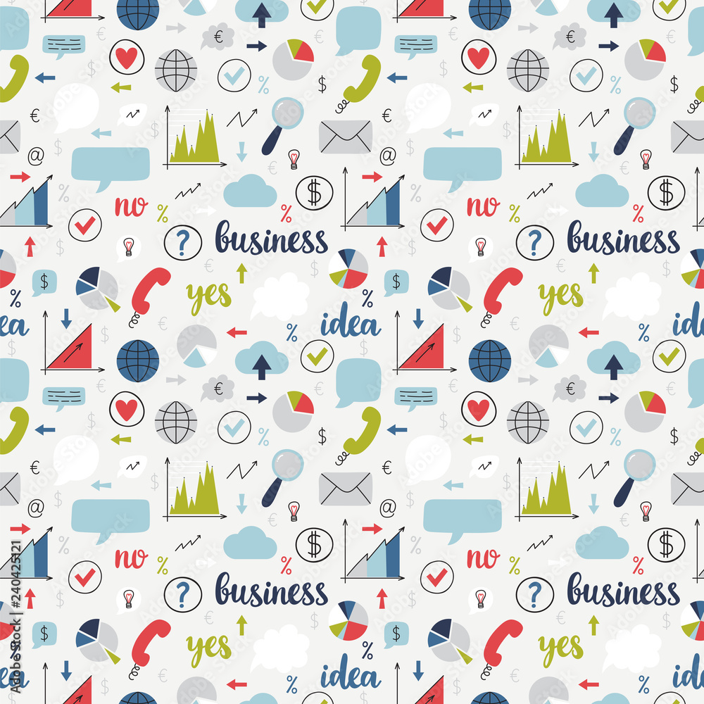 Business seamless pattern. Set of icons for finance, marketing, management, strategy and communication. Flat design