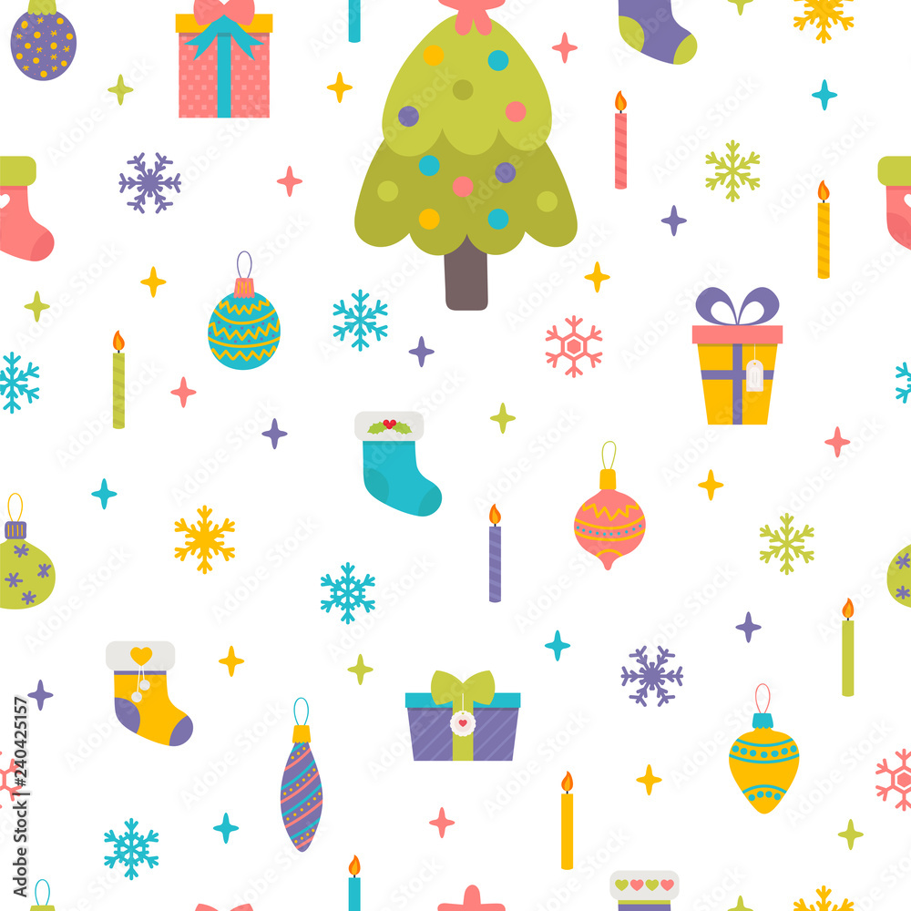 Christmas and New Year seamless pattern. Winter holidays. Hand drawn childish background