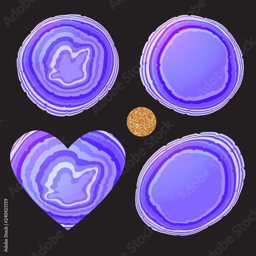 Set Stone slice trendy colar purple color. Round, oval, heart shape. Vector illustration on black