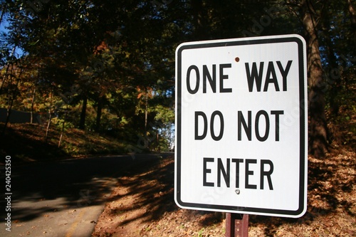 White One Way Do Not Enter Sign with Black Lettering in Front of Thick Foliage of Woods in a Clear Sunny Day in Burke, Virginia