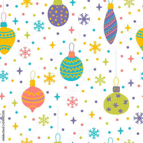 Seamless pattern with Christmas toys, balls and bubbles. Cute background with colorful design elements. Winter holidays. Happy New Year