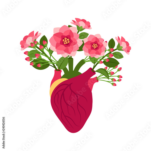Anatomical pink doodle heart icon with flowers. Flourish hart vector illustration isolated on white background