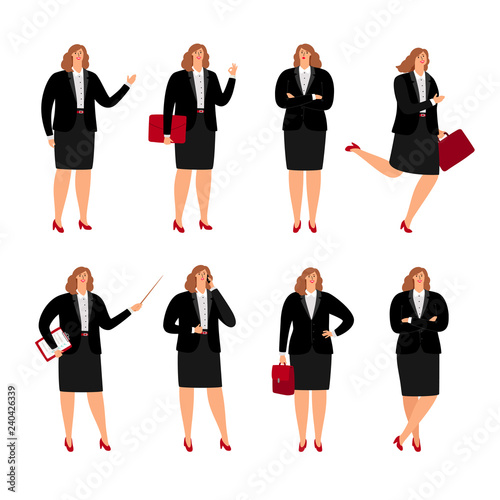 Businesswoman poses. Standing plussize business woman person in corporate skirt, cartoon female office lady