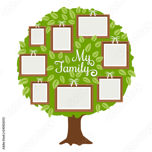 Green family tree with frames for pictures. My family card template, vector illustration