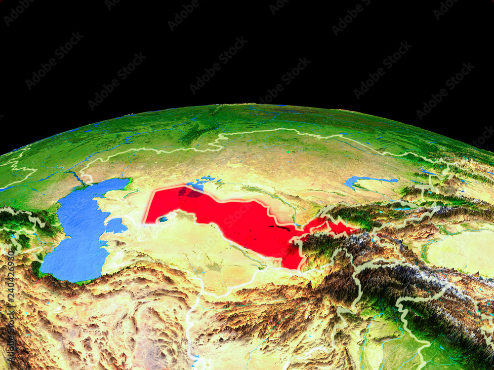 Uzbekistan on model of planet Earth with country borders and very detailed planet surface.