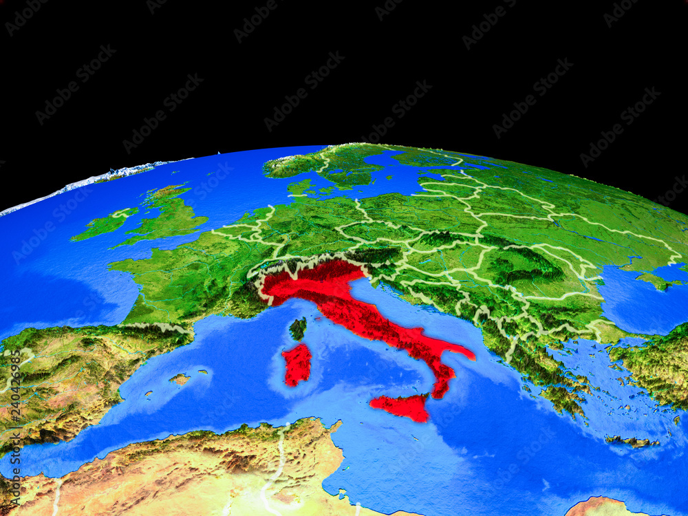 Italy on model of planet Earth with country borders and very detailed planet surface.