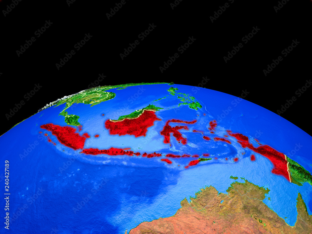 Indonesia on model of planet Earth with country borders and very detailed planet surface.