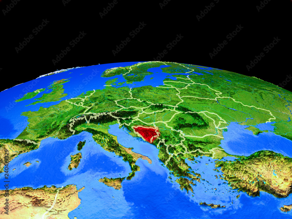 Bosnia and Herzegovina on model of planet Earth with country borders and very detailed planet surface.