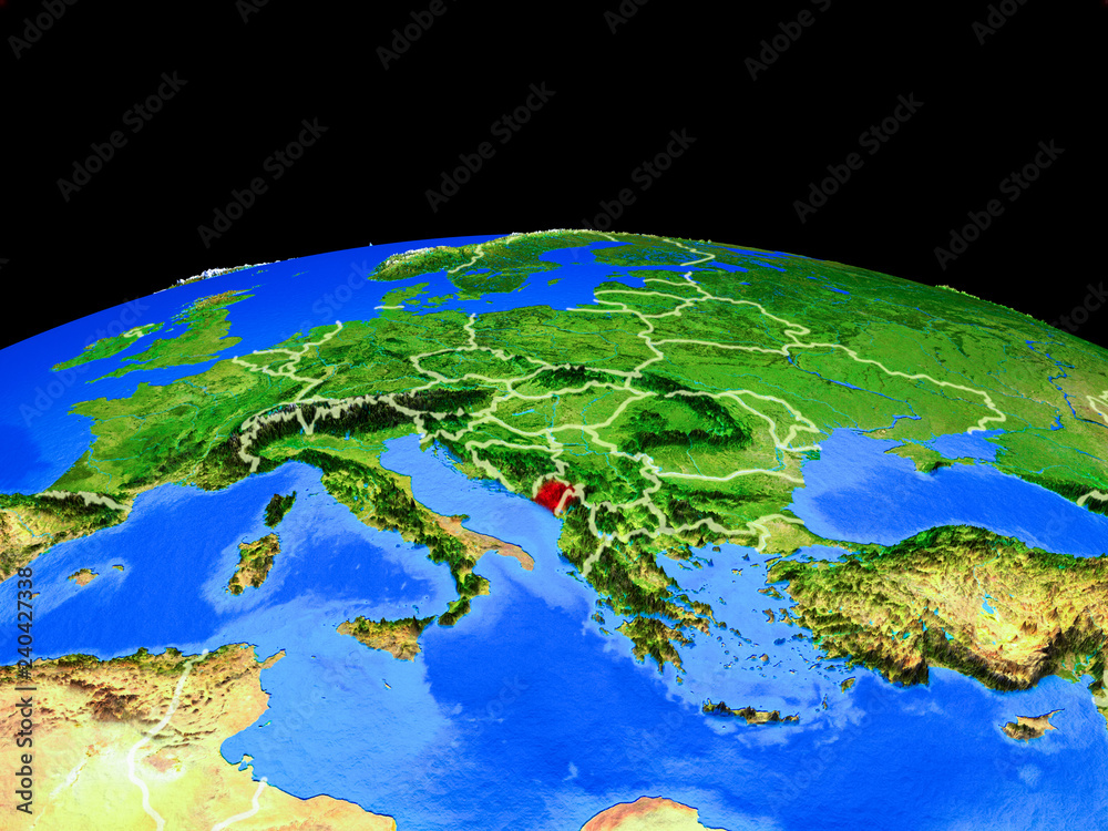 Montenegro on model of planet Earth with country borders and very detailed planet surface.