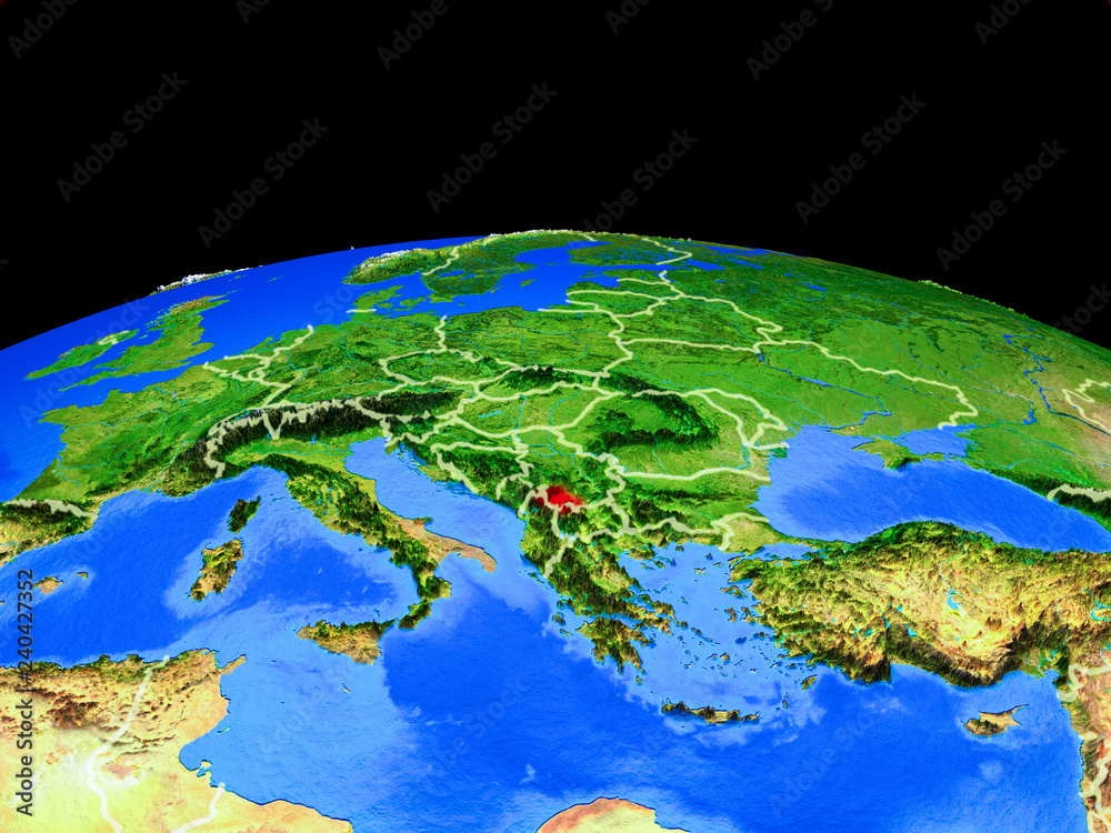 Kosovo on model of planet Earth with country borders and very detailed planet surface.