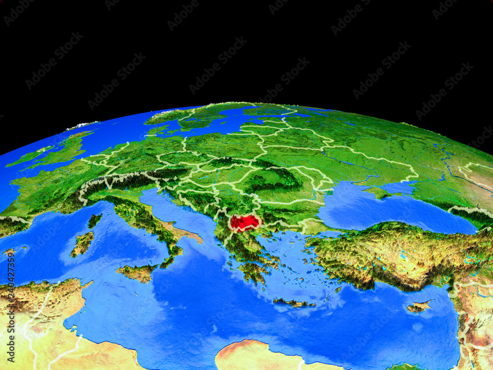 Macedonia on model of planet Earth with country borders and very detailed planet surface.