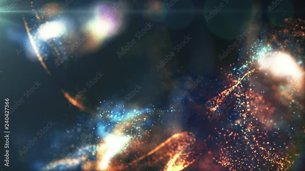 Abstract background of particles and fluids of orange and blue interacting with each other