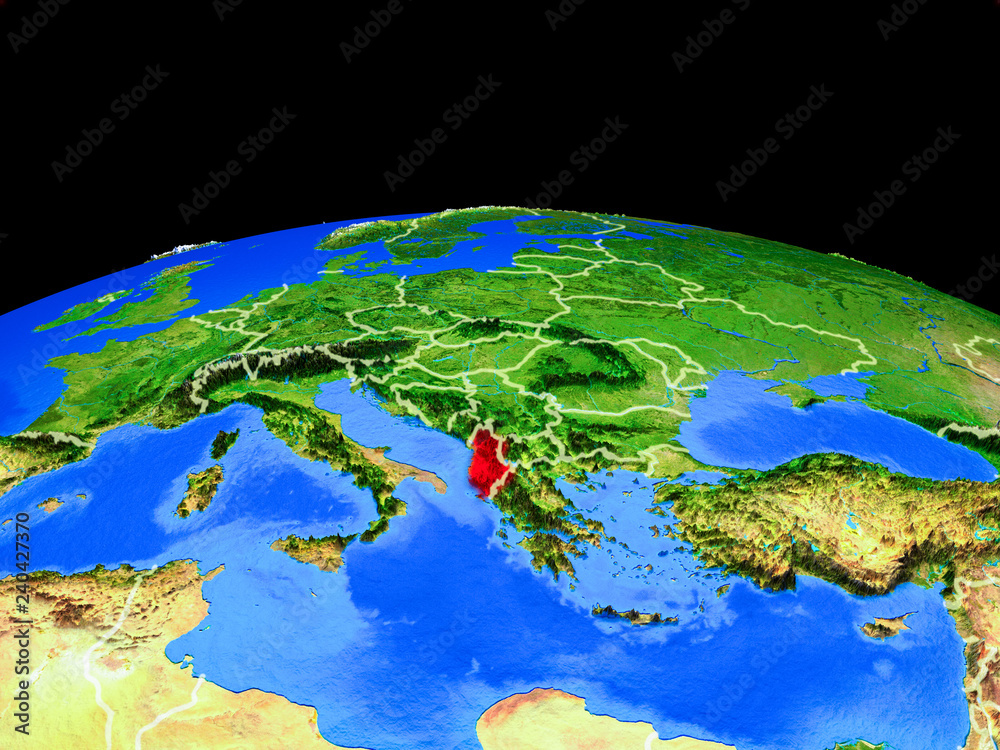 Albania on model of planet Earth with country borders and very detailed planet surface.