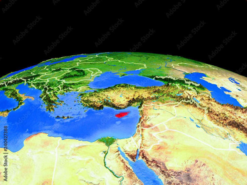 Cyprus on model of planet Earth with country borders and very detailed planet surface.