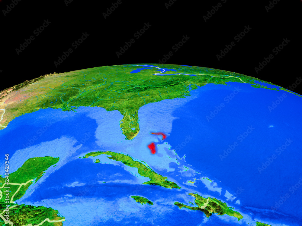 Bahamas on model of planet Earth with country borders and very detailed planet surface.