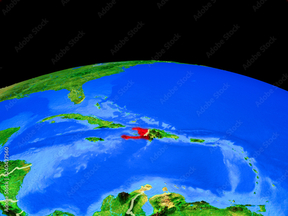 Haiti on model of planet Earth with country borders and very detailed planet surface.