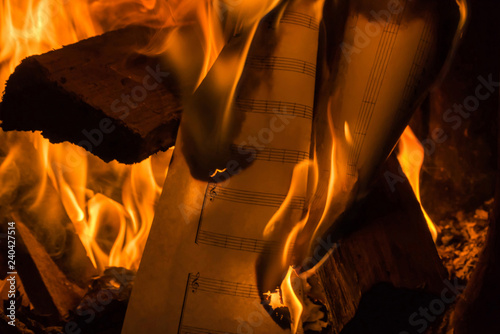 Photograph of a burning blank sheet of music among logs in the fireplace