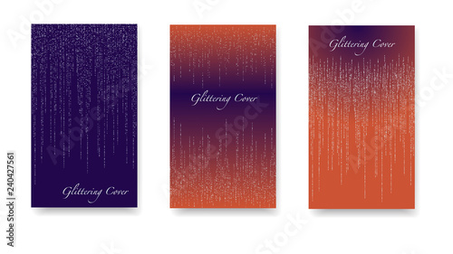 Set of gradient covers, templates, printing elements, cards. Glowing Vector Cover. Chic festive silver backgrounds. Round glittering confetti, festive tinsel, magic design for polygraphy.