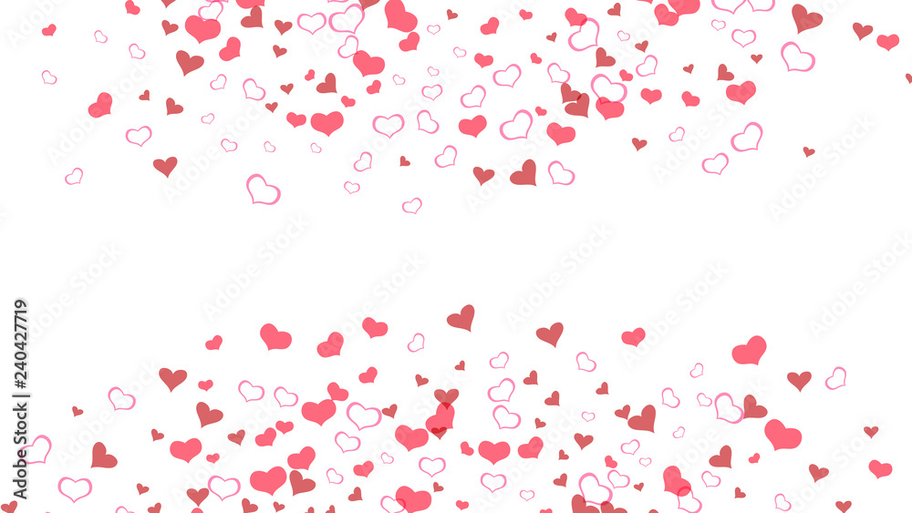 Stylish background. The idea of wallpaper design, textiles, packaging, printing, holiday invitation for birthday. Red hearts of confetti are falling. Red on White fond Vector.
