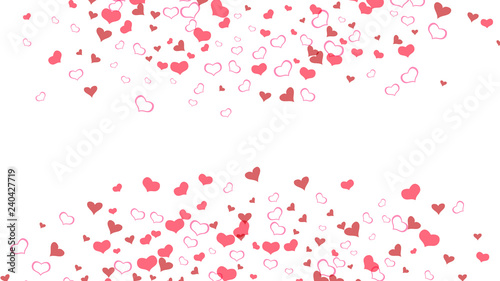 Stylish background. The idea of wallpaper design, textiles, packaging, printing, holiday invitation for birthday. Red hearts of confetti are falling. Red on White fond Vector.