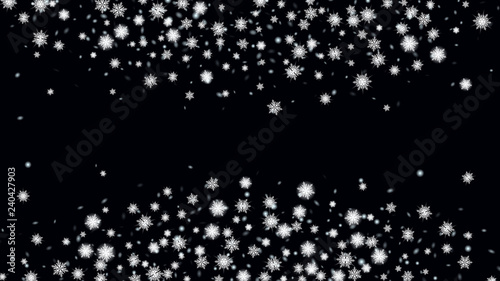 Christmas Magic Illustration. Festive illustration for christmas card. Macro snowflakes flying border illustration. Black base.