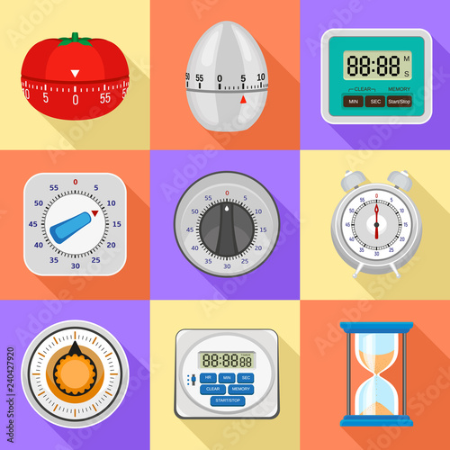 Kitchen timer icon set. Flat set of kitchen timer vector icons for web design