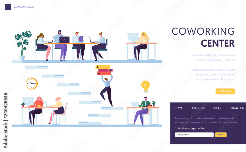 Coworking Office Space Landing Page. People Freelancer Character Work by Laptop. Business Team Outsourcing Together in Open Loft Workspace Website or Web Page Template. Flat Vector Illustration