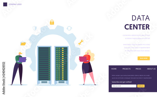 Data Center Server Staff Landing Page. Business Character Support Datacenter with Laptop Computer Database Hosting in Digital Cloud Infrastructure Website or Web Page. Flat Vector Illustration