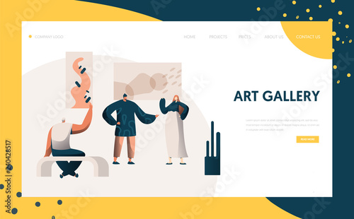 Art Gallery Exhibition Presentation Landing Page. People Character Artist Represent Modern Painting Frame Artwork Concept for Website or Web Page. Flat Cartoon Vector Illustration