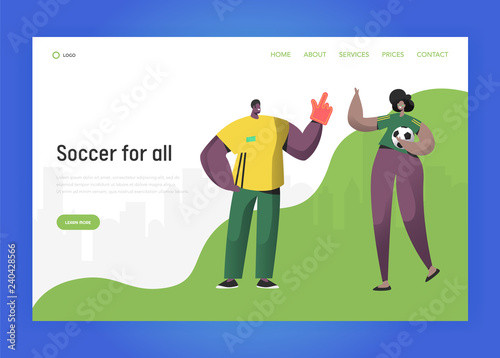 Football Brazil Fan Character Couple Set Landing Page. Excited Friend Celebrate Brazilian Sport Event Victory with Ball, Big Hand Concept for Website or Web Page. Flat Vector Illustration