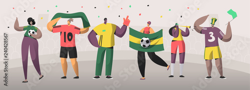 Football Brazil Fan Team Set Illustration. Happy Friends Celebrate Brazilian Soccer Event Victory. Man Woman Character Hold Flag, Scarf on Stadium Background Flat Cartoon Vector Banner