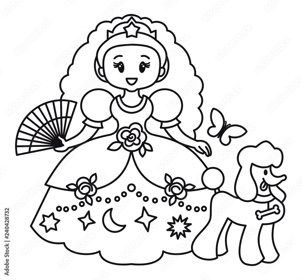 Princess in a ball gown and with a dog.Educational activity for