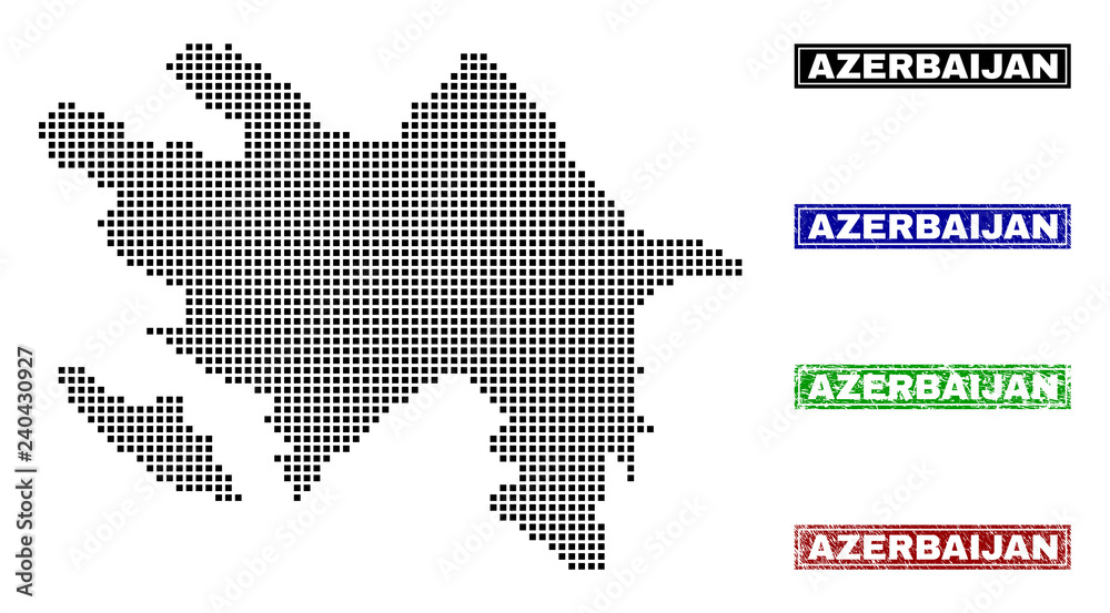 Dot vector abstract Azerbaijan map and isolated clean black, grunge red, blue, green stamp seals. Azerbaijan map name inside draft framed rectangles and with scratched rubber texture.