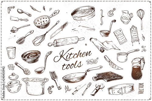 Hand drawn kitchen tools isolated vector icons set
