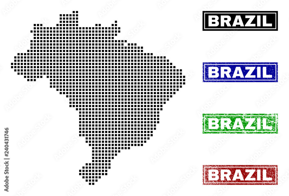 Dot vector abstracted Brazil map and isolated clean black, grunge red, blue, green stamp seals. Brazil map name inside rough framed rectangles and with grunge rubber texture.
