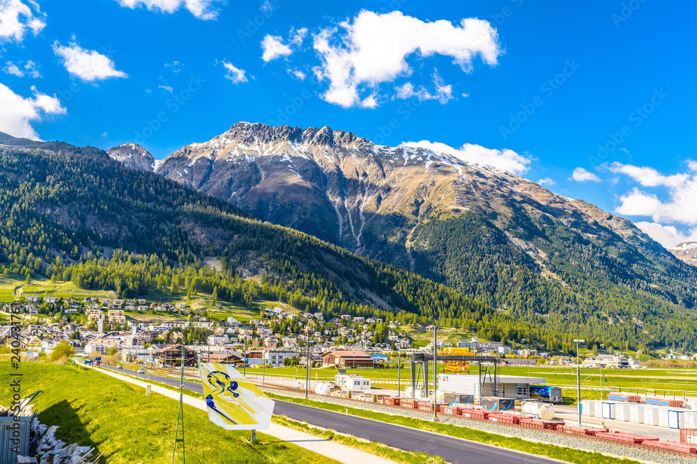 Road with Alps mountains, Samedan, Maloja, Graubuenden, Switzerl