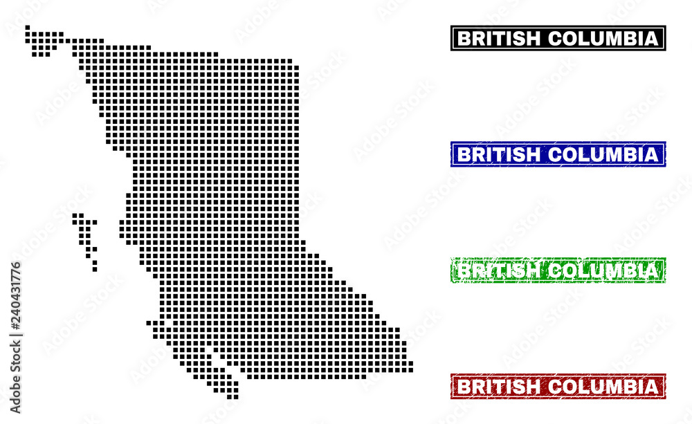 Dot vector abstracted British Columbia map and isolated clean black, grunge red, blue, green stamp seals. British Columbia map label inside draft framed rectangles and with grunge rubber texture.