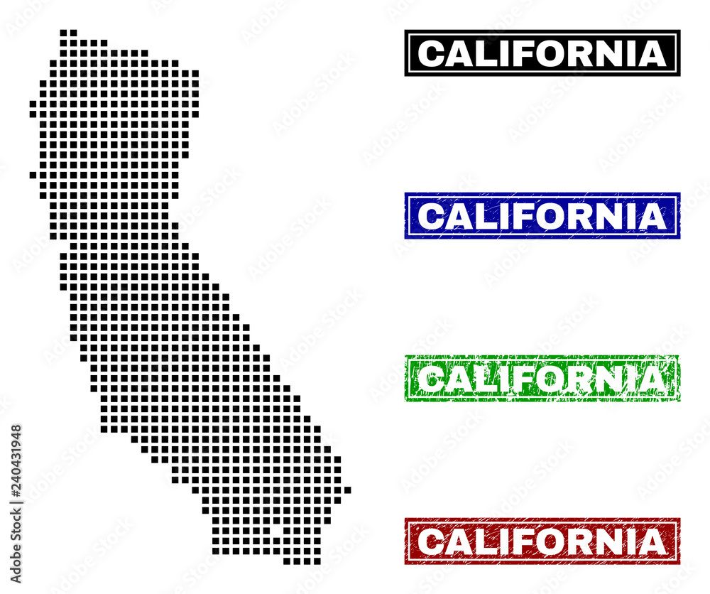 Vector dot abstracted California State map and isolated clean black, grunge red, blue, green stamp seals. California State map title inside draft framed rectangles and with grunge rubber texture.