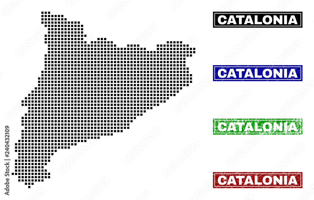 Dot vector abstract Catalonia map and isolated clean black, grunge red, blue, green stamp seals. Catalonia map caption inside draft framed rectangles and with grunge rubber texture.