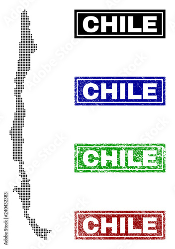 Dot vector abstract Chile map and isolated clean black, grunge red, blue, green stamp seals. Chile map tag inside rough framed rectangles and with grunge rubber texture.