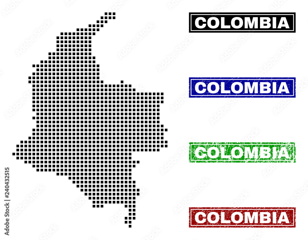Obraz premium Vector dot abstracted Colombia map and isolated clean black, grunge red, blue, green stamp seals. Colombia map name inside draft framed rectangles and with distress rubber texture.