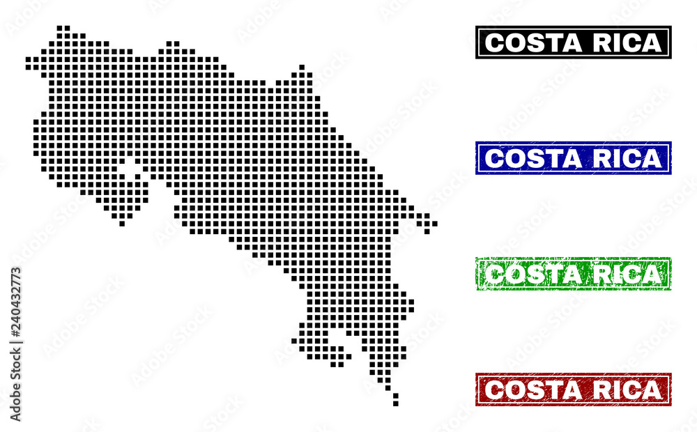 Obraz premium Vector dot abstract Costa Rica map and isolated clean black, grunge red, blue, green stamp seals. Costa Rica map tag inside rough framed rectangles and with grunge rubber texture.