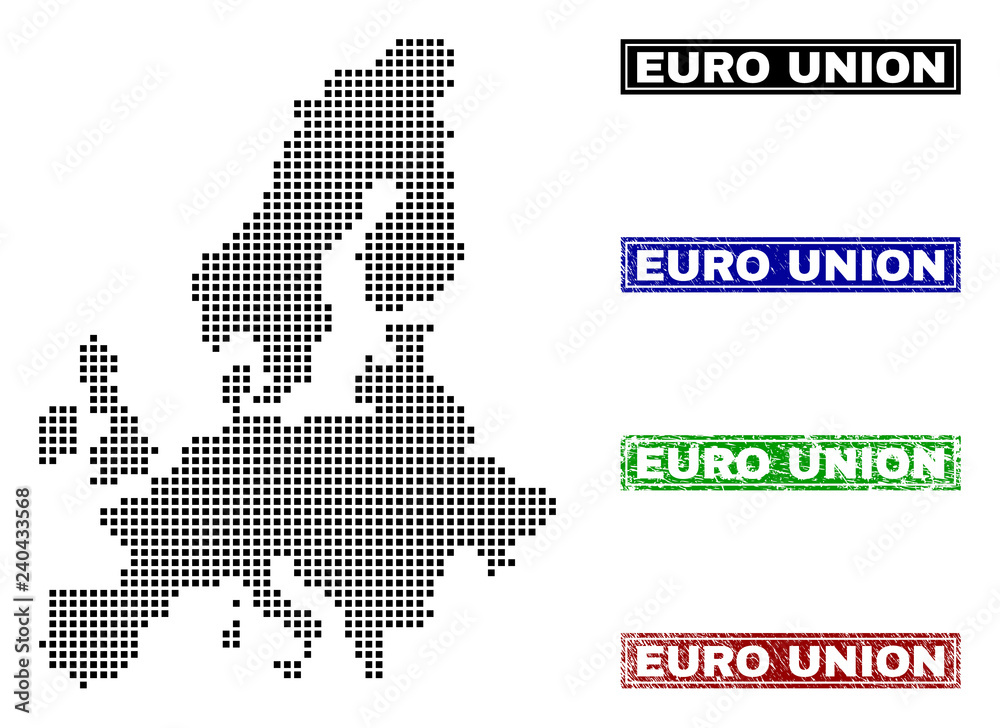 Dot vector abstract Euro Union map and isolated clean black, grunge red, blue, green stamp seals. Euro Union map label inside draft framed rectangles and with grunge rubber texture.