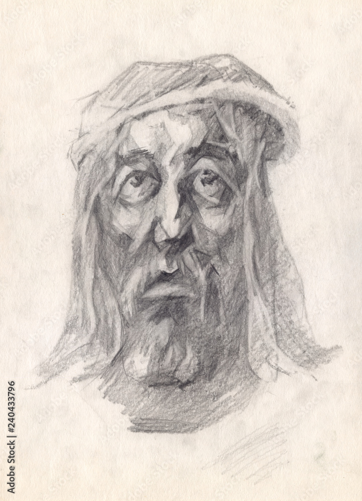 The portraiture of don Quixote, who is in mental torments and in the throes of public misunderstanding.Graphic pencil portrait. The head of a man painted with graphite on paper.Academic tonal drawing.