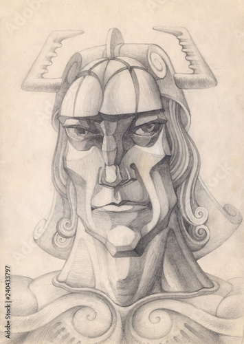 Fantastic image of a warrior: a gladiator or a legionnaire who sees people through and through. Graphic pencil portrait. The head of a man painted with graphite on paper. Academic tonal drawing.