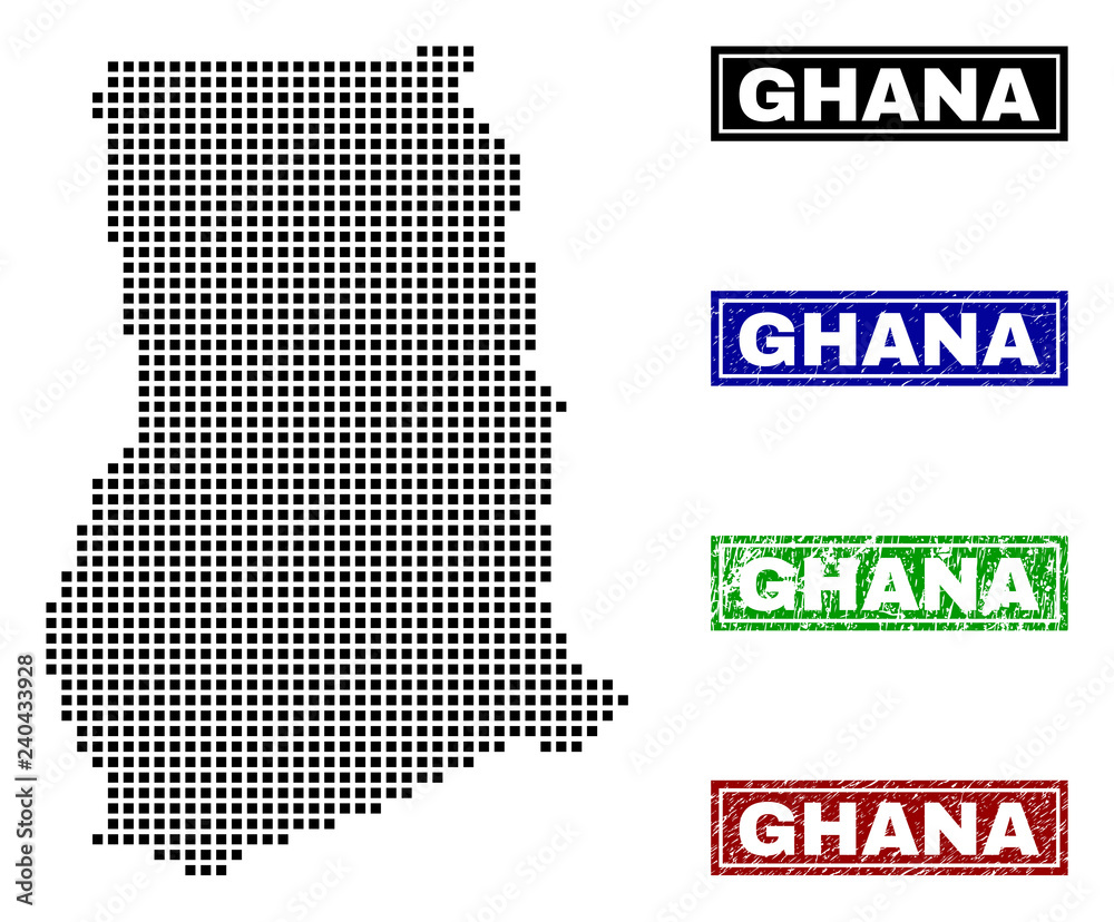 Vector dot abstract Ghana map and isolated clean black, grunge red, blue, green stamp seals. Ghana map caption inside draft framed rectangles and with grunge rubber texture.